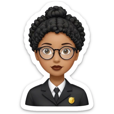 femme pilote d'avion en uniforme noir aux cheveux bouclés noir et petites lunettes arrondis identique avec des cheveux très long et la peau noir mais légèrement plus claire avec les cheveux attachés. 1 seule personne, cheveux moins épais  sticker