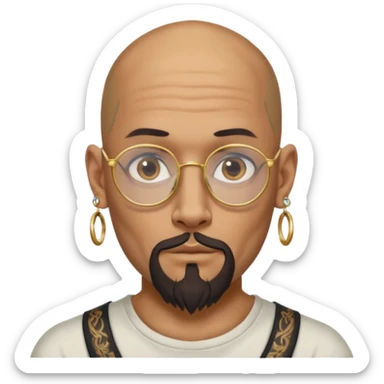 bald man with long goat beard and parti glasses and big gold ring earring and face tattoed sticker
