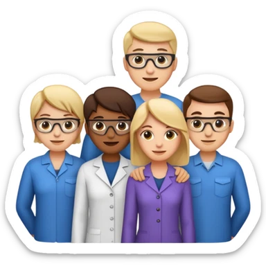 group portrait of five team members in emoji style, including prompt designer, experience designer, data scientist, content scientist, and project manager, in a friendly group pose sticker