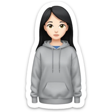 full-body female avatar, flat vector, long black hair, oversized sweatshirt, neutral background sticker