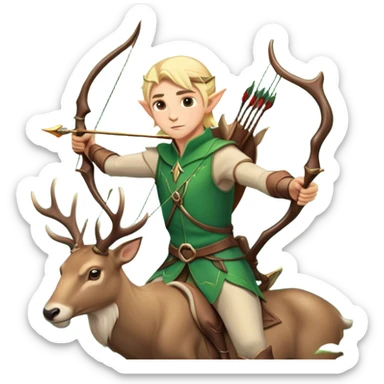 clash-of-clans-aesthetic-blond-male elf-archer-portrait-emoji, rendered in a flat, vector-style with minimal shading and bold holding his bow, simplified shapes, head tilted slightly forward with a determined, focused expression, riding a majestic stag whose antlers glow with mystical energy, set against an ancient, enchanted forest backdrop. sticker