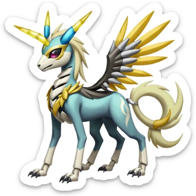 Colorful Skeletal masked armored Meloetta-Manectric-Silvally-Solgaleo-Raikou-Pokémon-Digimon-Fakémon-fusion-hybrid-creature, full body sticker