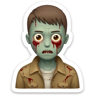 zombie emoji of a boy with a buzzcut and a long fringe covering his forehead down to his eyes, brown hair, brown eyes sticker