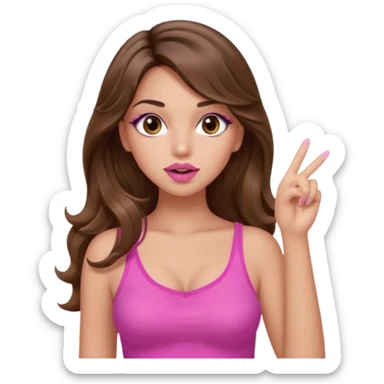 girl with long wavy brown hair, brown eyes, light to medium complexion, in a pink sexy top, pink lips, long lashes, silent motion with the hand one finger up by the mouth sticker
