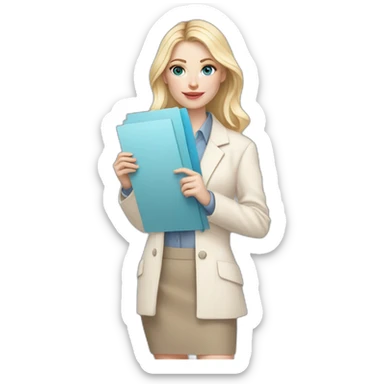 pale skin woman interior designer with cold blonde middle length hair, blue eyes, beige blouse, White oversize jacket, Gray skirt holding a color palette in the hands sticker