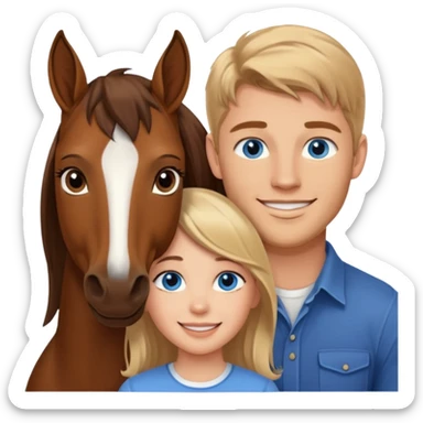 Smiling blue eyed trevor donovan with smiling brown eyed girl and one brown horse sticker