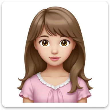 A teenage cute girl with very light olive skin and soft pinkish cheeks. Large bambie dark hazel eyes. Long wavy light brown hair with soft bangs. Features are very feminine and beautiful. medium straight nose with a soft tip. Medium natural pink lips. Wearing a simple dress in pink and white.  sticker