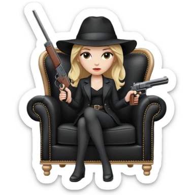 Mafia blondes woman in hat , gun , armchair , black sticker