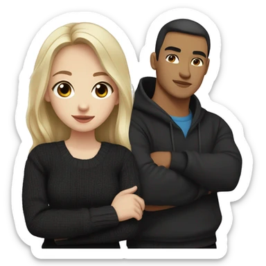 dark Blonde girl with blue eyes in black sweater and an east asian with light skin man with black hair and black eyes hugging sticker