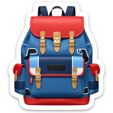 Minimalist emoji-style icon of a stylish blue denim backpack with a flap top, two vertical black buckle straps, a large red-white-navy horizontal block in the center, and two zipper side pockets. Inspired by Tommy Jeans design. Front view, cartoon-like, clean design.

 sticker