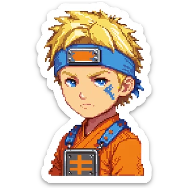 A blonde ninja boy with spiky hair, whisker marks on cheeks, orange outfit, and blue headband with metal plate sticker