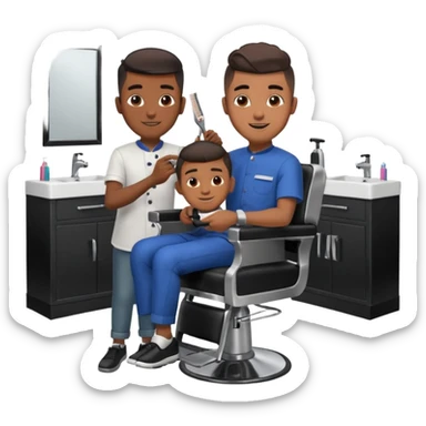 Barber cutting boys hair. Show the boy sat in black barber chair and both having smiles on their faces sticker