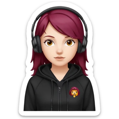white girl with burgundy hair, black deportive hoodie and black headphones sticker
