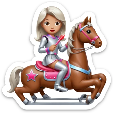 solarpunk - Seductive girl rides on a rocking horse and holds a huge lipstick sticker