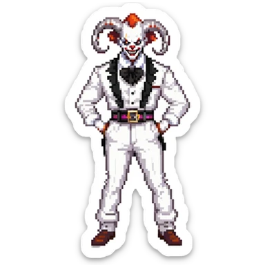 full-body muscular demonic clown in black and white leisure suit with bellbottom pants, bald, black ram horns, flashy black and white belt, ruffled white shirt, no neck tie, large fangs sticker