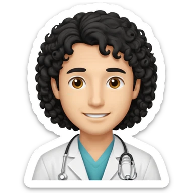 a young male doctor with black long curly hair and cheerful face without gpasses sticker