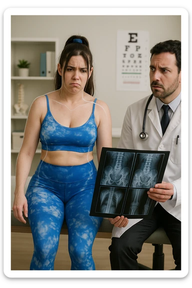 a person sits in a doctor’s office, holding medical imaging results (like X-rays or MRI scans) that appear normal. However, a subtle shadow or ghosted outline around their body reveals postural asymmetries—such as uneven shoulders or hips—that are not visible in the scans. The doctor looks puzzled, while the patient appears frustrated. sticker