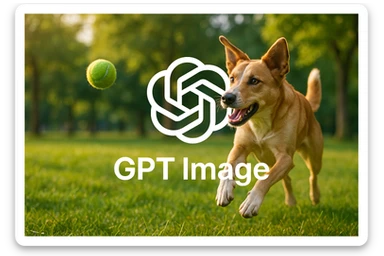 logo of chat gpt with text "GPT Image" on the background of a dog chasing ball, realistic image sticker