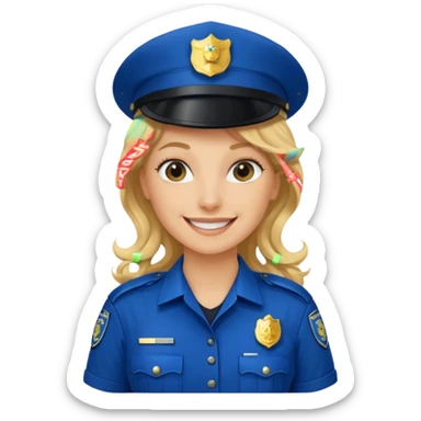 Female POLICE IN blue, long blonde curly hair, happy smile sticker