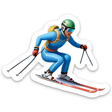 An icon featuring snowy peaks, pine trees, and a picturesque mountain landscape with a skier racing down a snow-covered slope. The sky is blue with soft clouds, capturing the thrill and beauty of alpine skiing. Transparent background highlights the excitement and serenity of winter sports. sticker