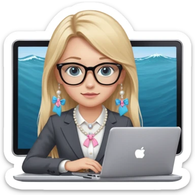 Please take the girl with laptop emoji and make her glassess light brown, her eyes ocean blue and her nose a bit smaller and pointier and she has blonde very long hair and a dark grey suit and pearls necklace, and has a laptop in fron of her and a tiny pink bow on the left side of her head sticker