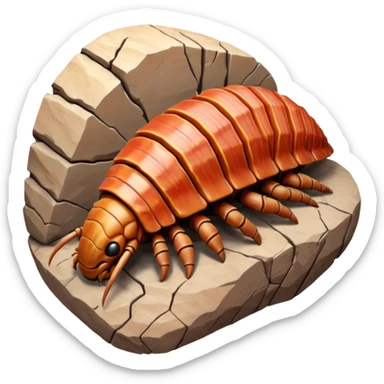 3D render of Trilobite, embedded in a chunk of rough sedimentary rock, cracked stone texture, ancient fossil aesthetic, fossilized in reddish sandstone rock, matte dry finish, Apple emoji style, isolated on white background --v 6.0 sticker