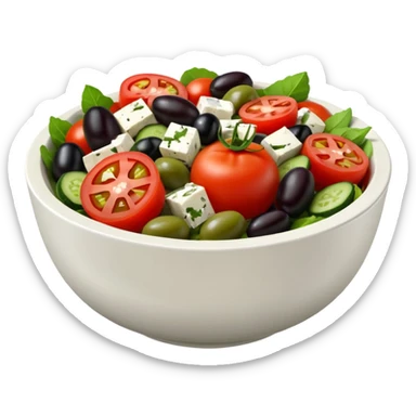 mediterranean salad bowl object icon, tomatoes, cucumbers, olives, feta cheese, olive oil dressing, 3D cartoon, mobile game icon style, clean background, no text, no watermark
 sticker