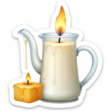 Candle making icon, candle with a wick, melting wax, wax blocks, pouring jug, wick holder, minimalistic style, clean lines, transparent background. sticker