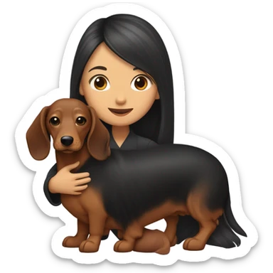 an Asian girl with long hair, hugging a black and tan long haired dachshund with a branch in its mouth sticker