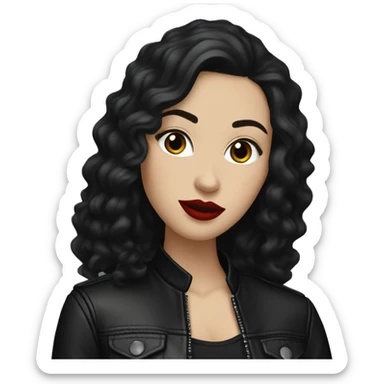 White girl, with long curly black hair, with red lipstick, wearing black shirt and black leather jacket sticker