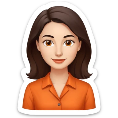 Professional woman in her 30s with light complexion, oval face, gentle features, large dark brown eyes, well-formed medium eyebrows, small nose, warm friendly smile, long slightly wavy dark brown hair, wearing a bright orange dress shirt sticker