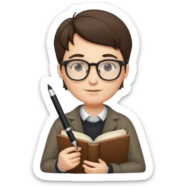 writer holding pen and book, wearing glasses sticker