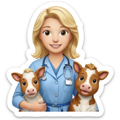 Joven mujer, de cabello bajo los hombros rubio con ondas y partidura al medio.  veterinaria de perros, vacas y caballos, con traje clínico celeste, sin delantal blanco sticker