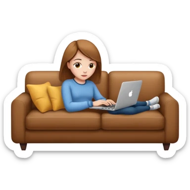 A girl is working with a laptop while lying on the sofa sticker