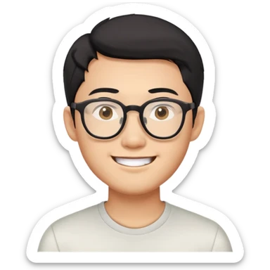 Asian man with short black hair, glasses, friendly smile, Josh Lim character sticker