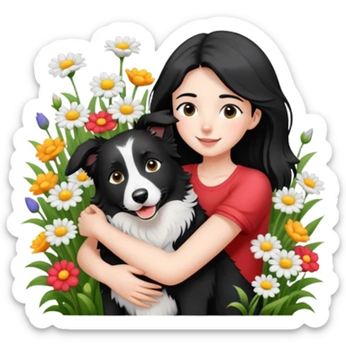 A girl happily hugs a black and white border collie in the flowers sticker