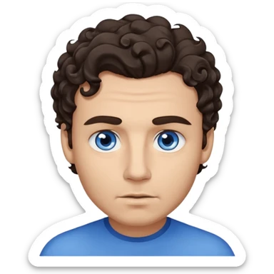 A man emoji with light skin, wavy dark brown hair styled with a curl falling on his forehead, thick dark eyebrows, striking blue eyes, a straight nose, and a clean-shaven face with a neutral expression. sticker