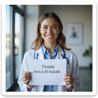 hyperrealistic 4K image of a woman showing a satisfied expression holding a recently received medical prescription with the text 'Tiroide secca di maiale', clinical environment, natural light sticker
