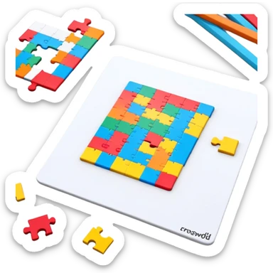 A colorful puzzle piece, a crossword magazine, a 3D puzzle, and a partially completed puzzle picture on a table. Bright colors, minimalist design, modern style. Transparent background, suitable for puzzles and brain games. sticker