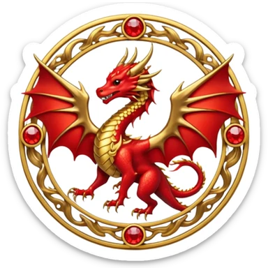 Golden dragon with wings crest / brosch in a circle with red gems and no background sticker