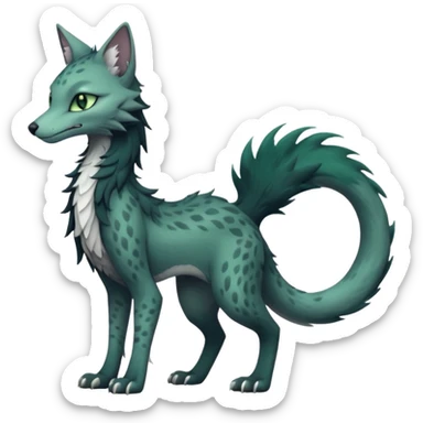 Kawaii divine gloomy ghostly dark greyish dark-deep-greenish foggy eldritch elegant cute beautiful realistic edgy fantasy feline-vernid-sergal-fursona animal creature with a tufted tail full body with intricate markings  sticker