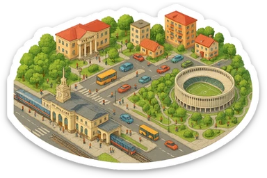 Изометричная миниатюрная фотореалистичная 3D модель панорамы Краснодара - вокзал Краснодар, КубГМУ, парк Краснодар со стадионом, краснодарские дома, автотранспорт четкие линии, яркие цвета, мультяшный реализм, люди, автотранспорт, компактная композиция, вид сверху в изометрии, прозрачный фон sticker