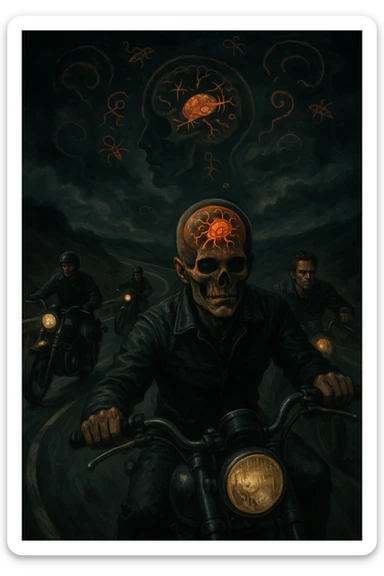 Gruppo di motociclisti su strada, volti impassibili o con espressioni rischiose e prive di paura, mentre affrontano curve pericolose. Atmosfera surreale, con ombre o simboli astratti che rappresentano la toxoplasmosi (come parassiti invisibili nel cervello). Effetti visivi sul cranio o sulla testa che mostrano come l’infezione alteri il senso del pericolo. Scene dinamiche ma inquietanti, cielo scuro e simbolismo neurologico. sticker