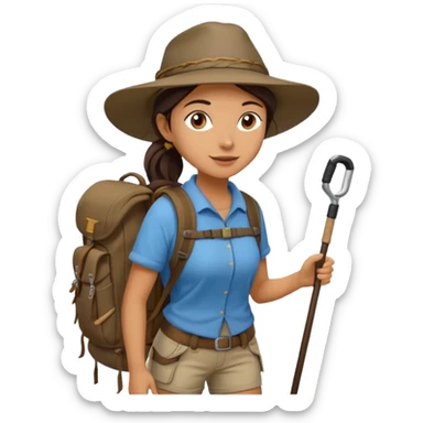 women, long dark brown hair in ponytail with wide brim hiking hat. Walking with backpack and trekking poles.  She is a pilgrim on the Camino Frances on her way to Santiago de Compostela sticker