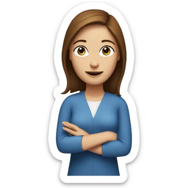 A white woman with brown hair and blue eyes, and making a peace sign with her hands sticker