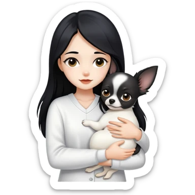 Fair skin girl - long black hair - white clothes - hugging a black chihuahua sticker