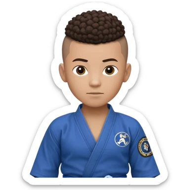 Mixed race boy BJJ instructor with pony tail afro hair and shaved bald sides haircut, Make the hair brown and the belt blue. Add the roger Gracie academy logo on the go also and the p logo of progress jiu jitsu on the right arm sleeve  at the top sticker