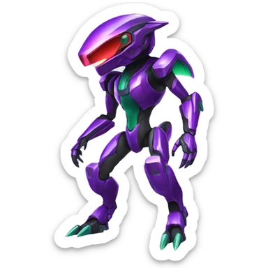 a shiny purple-green-red Genesect-Raptor-Fakémon—hybrid with a futuristic visor-helmet full body sticker