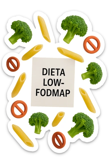 BROCCOLETTI E PENNE DI PASTA RIGATE FLUTTUANO IN ARIA insieme a piccoli divieti 3d, DAVANTI A LORO FLUTTUA UN FOGLIO CON LA SCRITTA "dieta low-fodmap" sticker