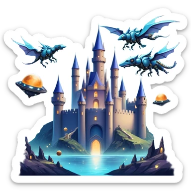 Icon for Fantasy and Sci-Fi Movies: A magical collage with flying dragons. futuristic spaceships and UFOs. Stars and planets shimmer in the background with a mystical castle Hogvards an ancient wizard and robots. The atmosphere is epic, otherworldly and adventurous. Transparent background. sticker